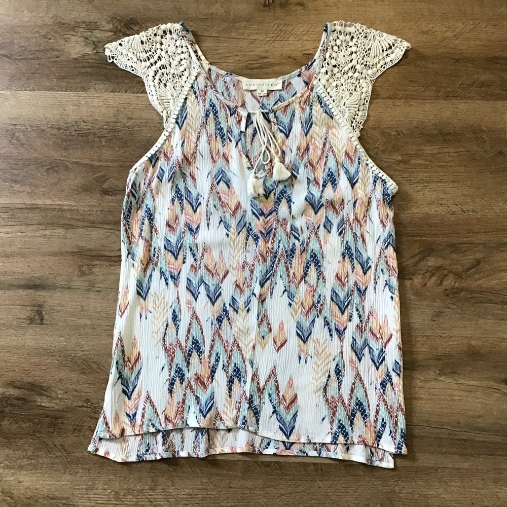 Love Stitch Blouse Size M Boho Feather Print Lace Tassels Multicolor Top Shirt